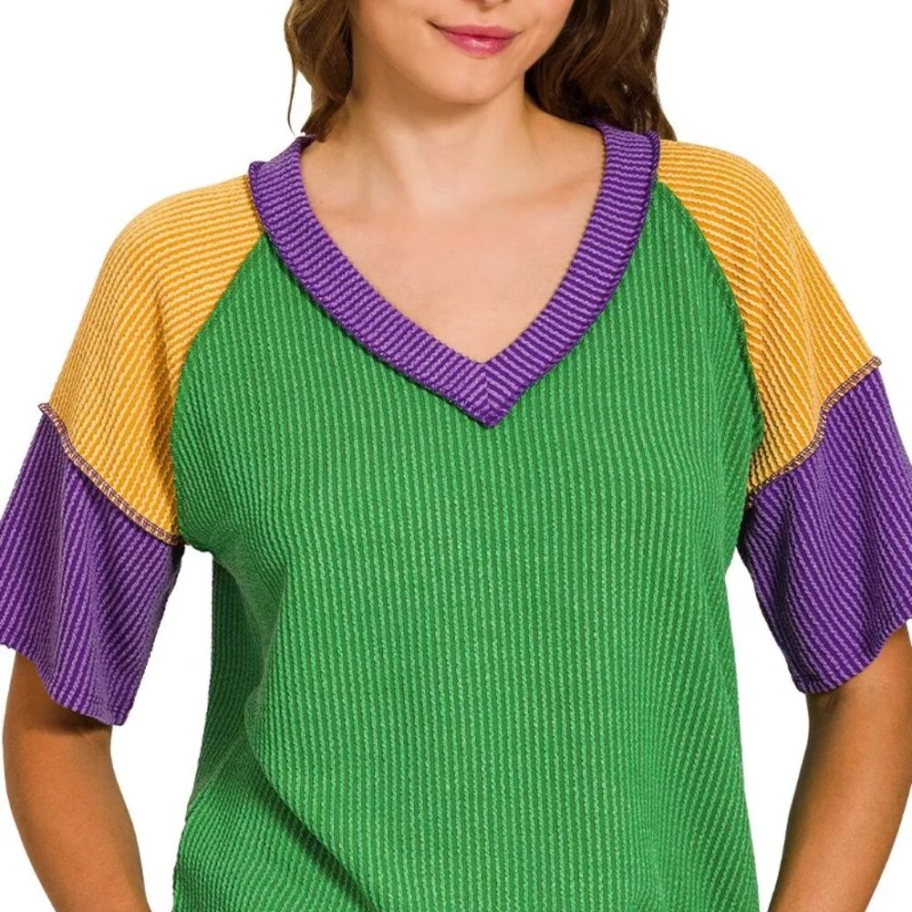 Zenana Mardi Gras Raised Rib Color Block Top‎ - Picture 6 of 6